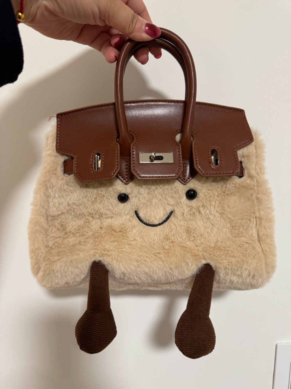 Plush Smiley Top-Handle Bag in Brown and Cream